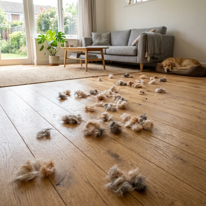 Pet fur tumbleweeds on floorboards
